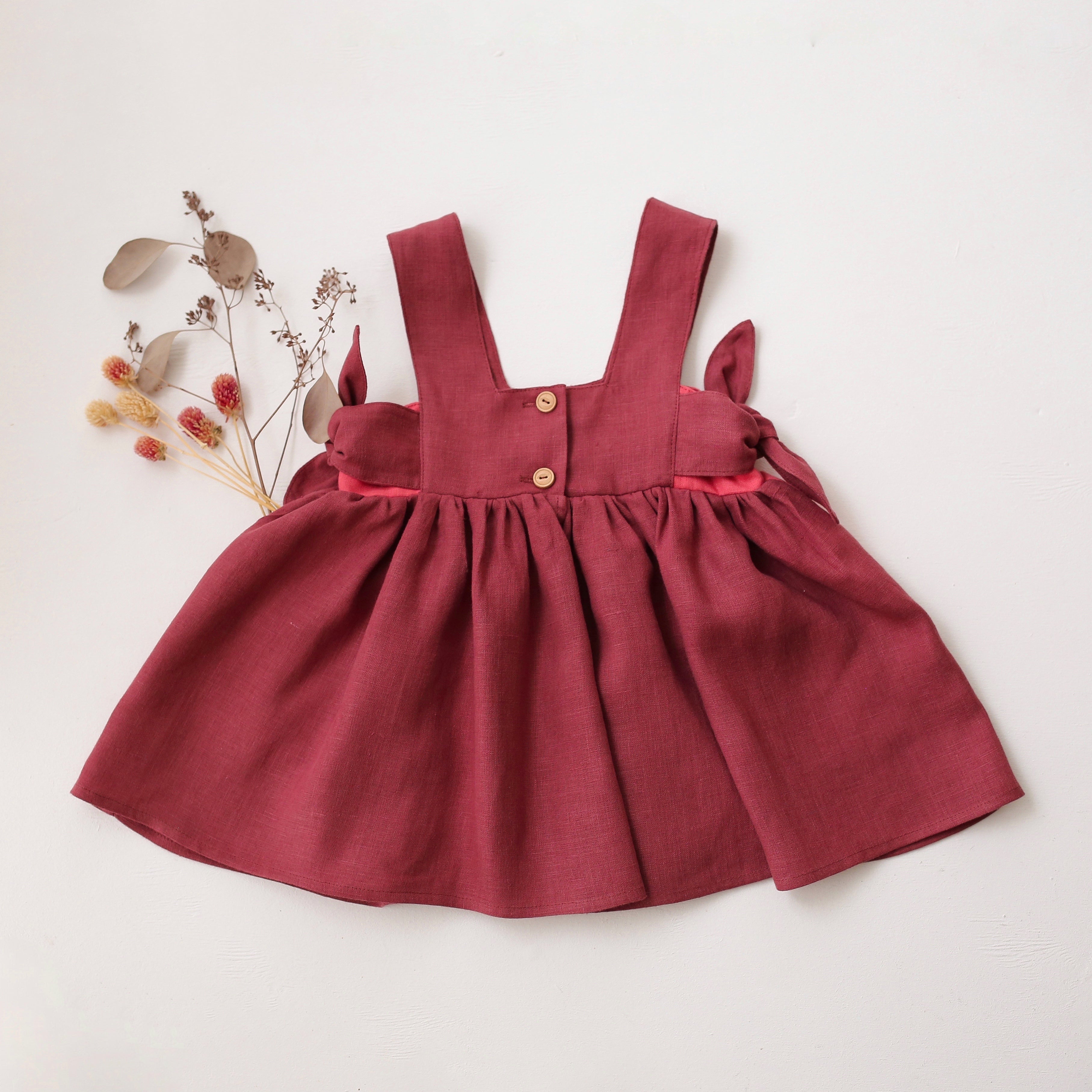 Rosewood Linen Square Neckline Pinafore with Coral Linen Pockets & “Bird on Berry Branch” Embroidery