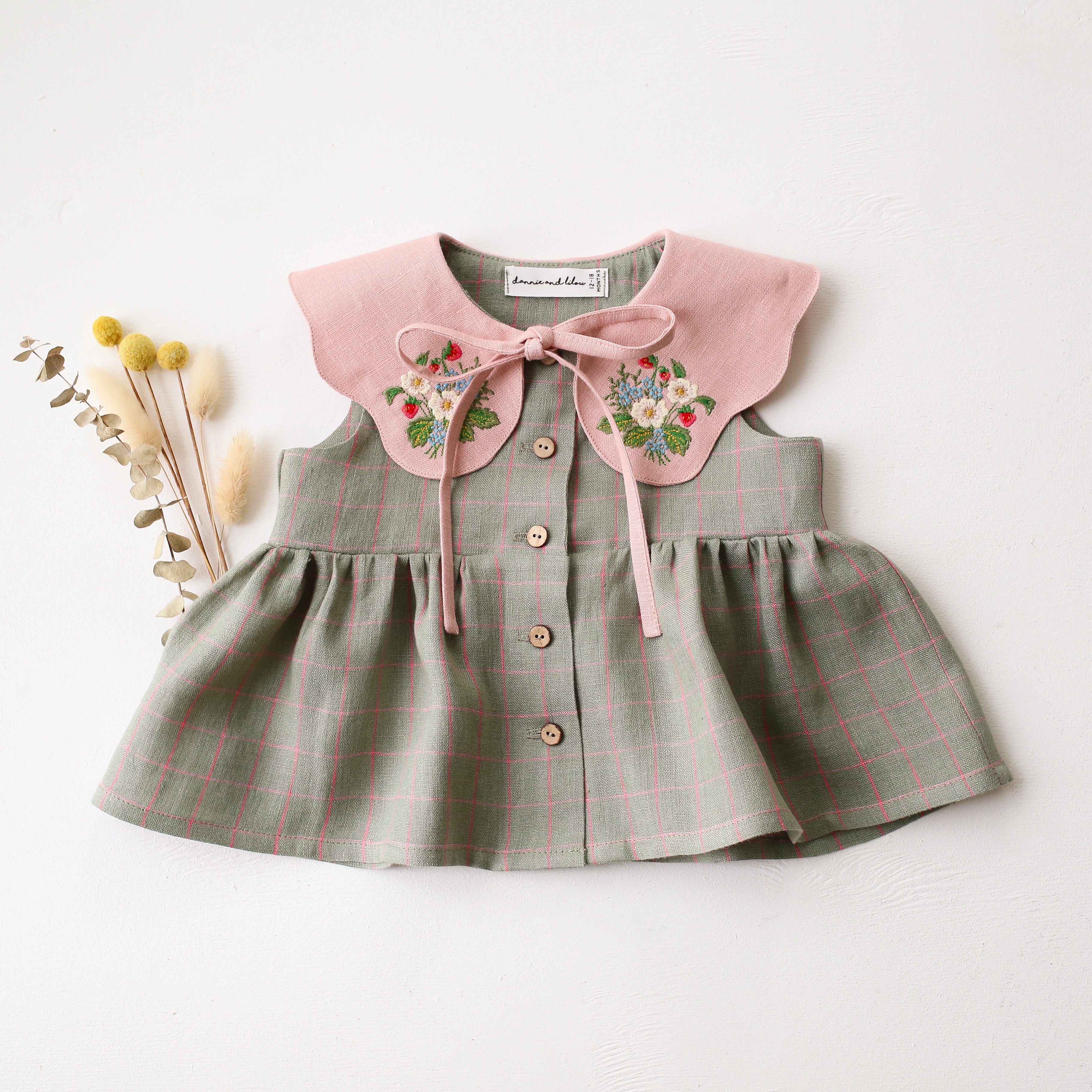 Mint & Pink Check Linen Top with with Petal Collar in Powder Linen with "Strawberry Bouquet" Embroidery