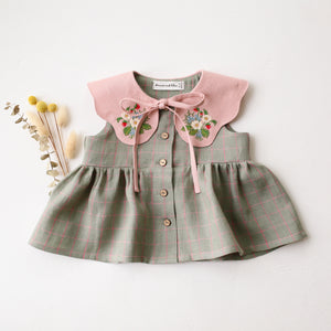 Mint & Pink Check Linen Top with with Petal Collar in Powder Linen with "Strawberry Bouquet" Embroidery