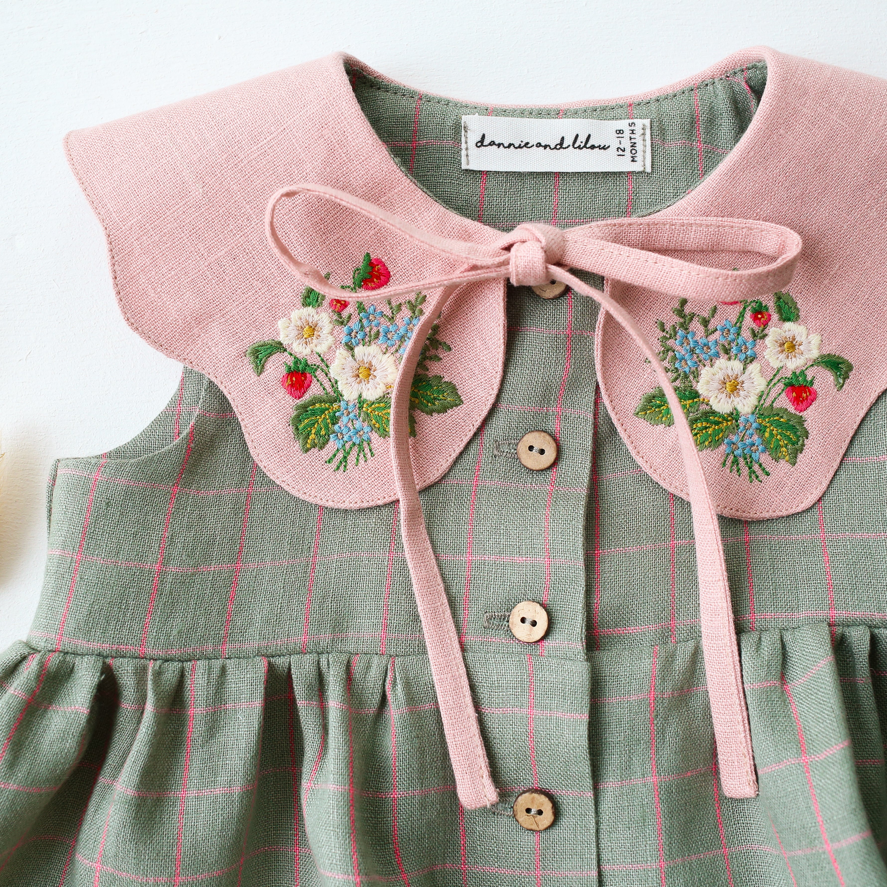 Mint & Pink Check Linen Top with with Petal Collar in Powder Linen with "Strawberry Bouquet" Embroidery
