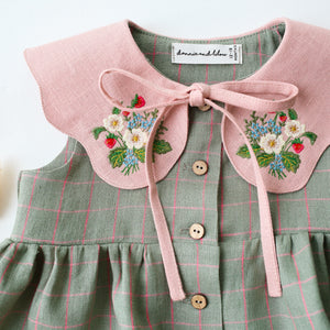 Mint & Pink Check Linen Top with with Petal Collar in Powder Linen with "Strawberry Bouquet" Embroidery