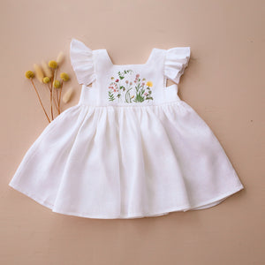 Milk Linen Flutter Sleeve Square Neckline Dress with "Fairy Wildflowers" Embroidery