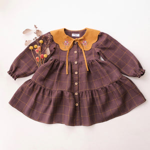 Plum Check Linen Long Sleeve Tiered Dress with Petal Collar in Mustard Linen with "Wild Meadow Bouquet" Embroidery
