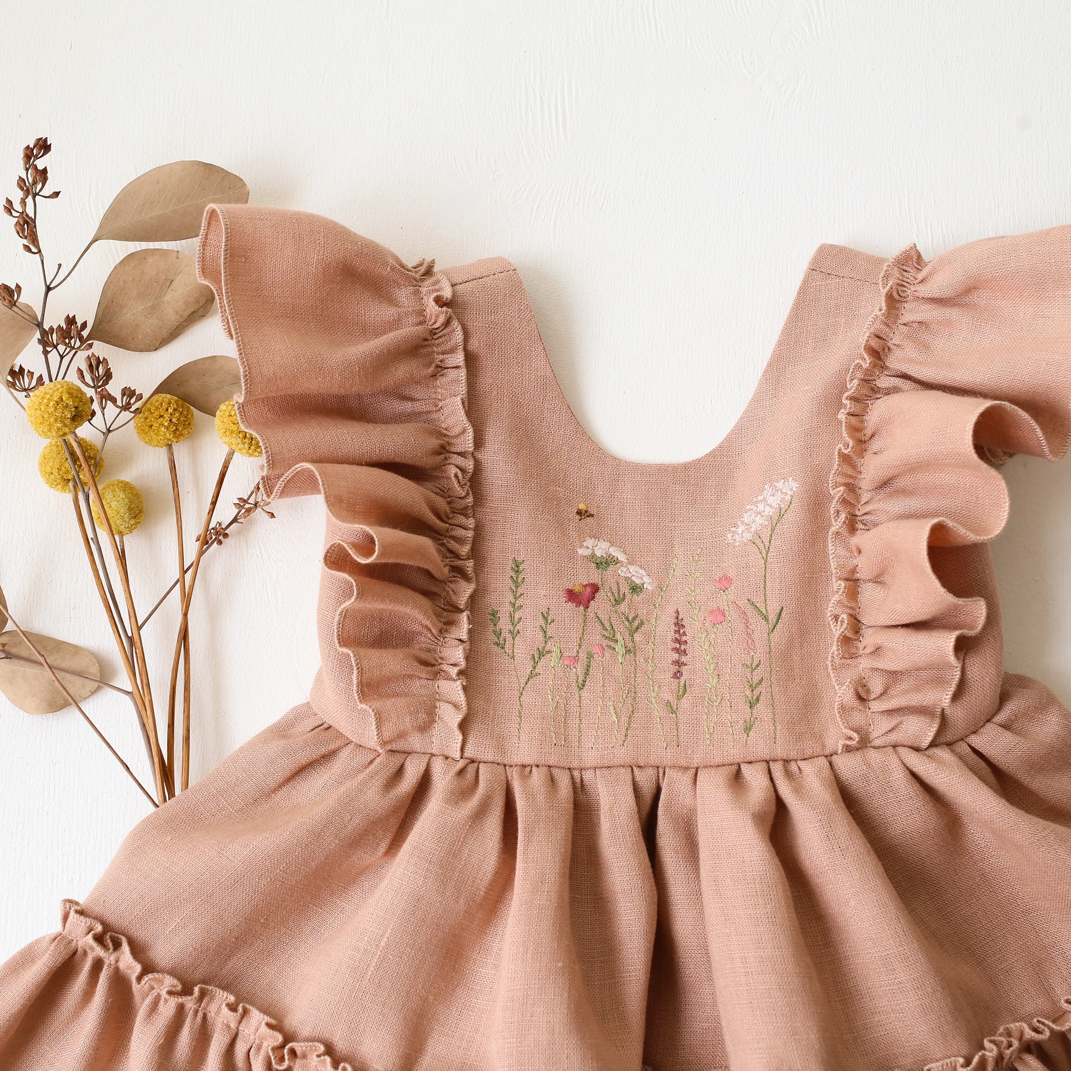 Clay Linen Ruffled Front Tiered Dress with “Meadow Flowers with Bee” Embroidery