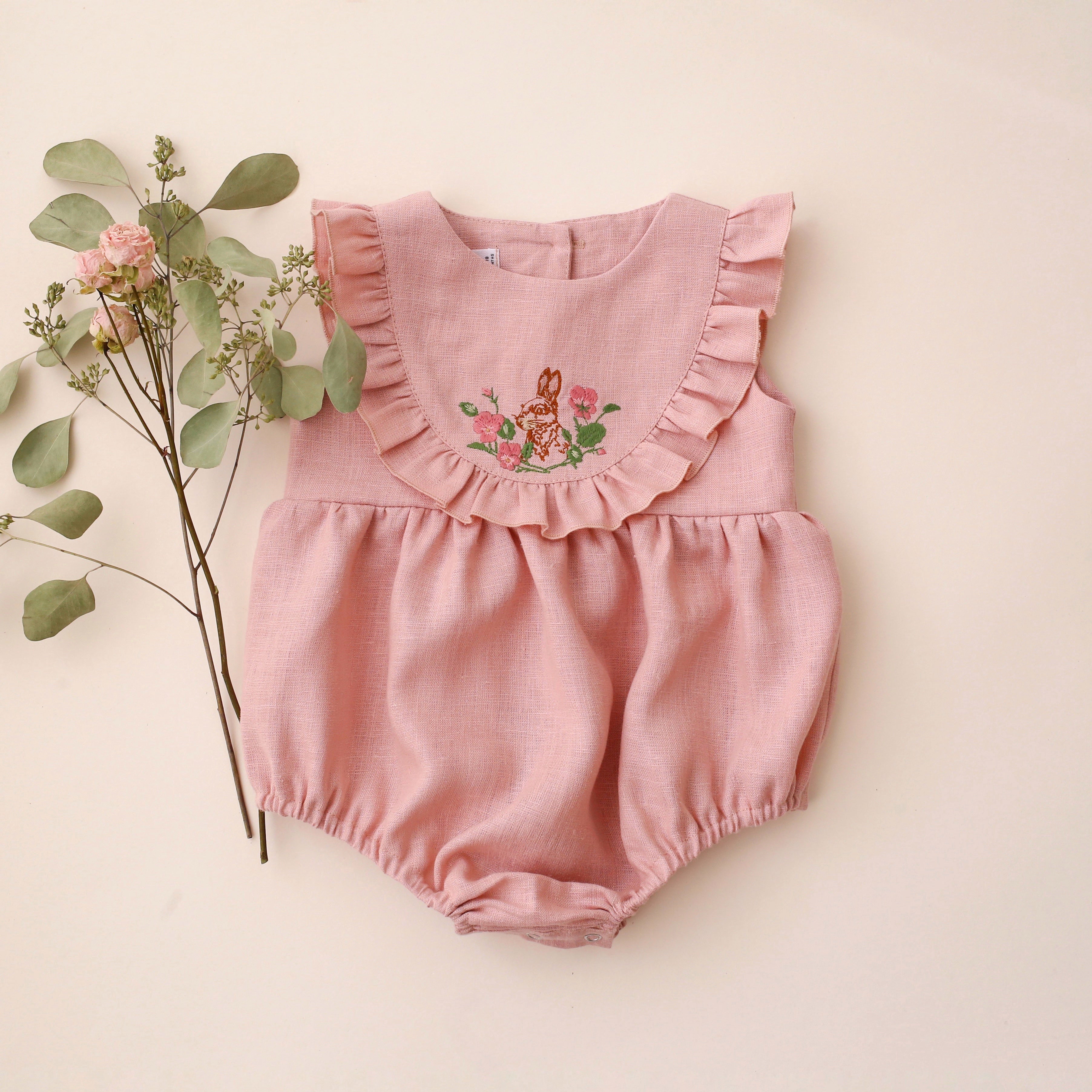 Powder Linen Ruffled Bodice Bubble Playsuit with “Bunny in Flowers” Embroidery