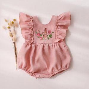 Powder Linen Ruffled Front Bubble Playsuit with “Bunny in Flowers” Embroidery
