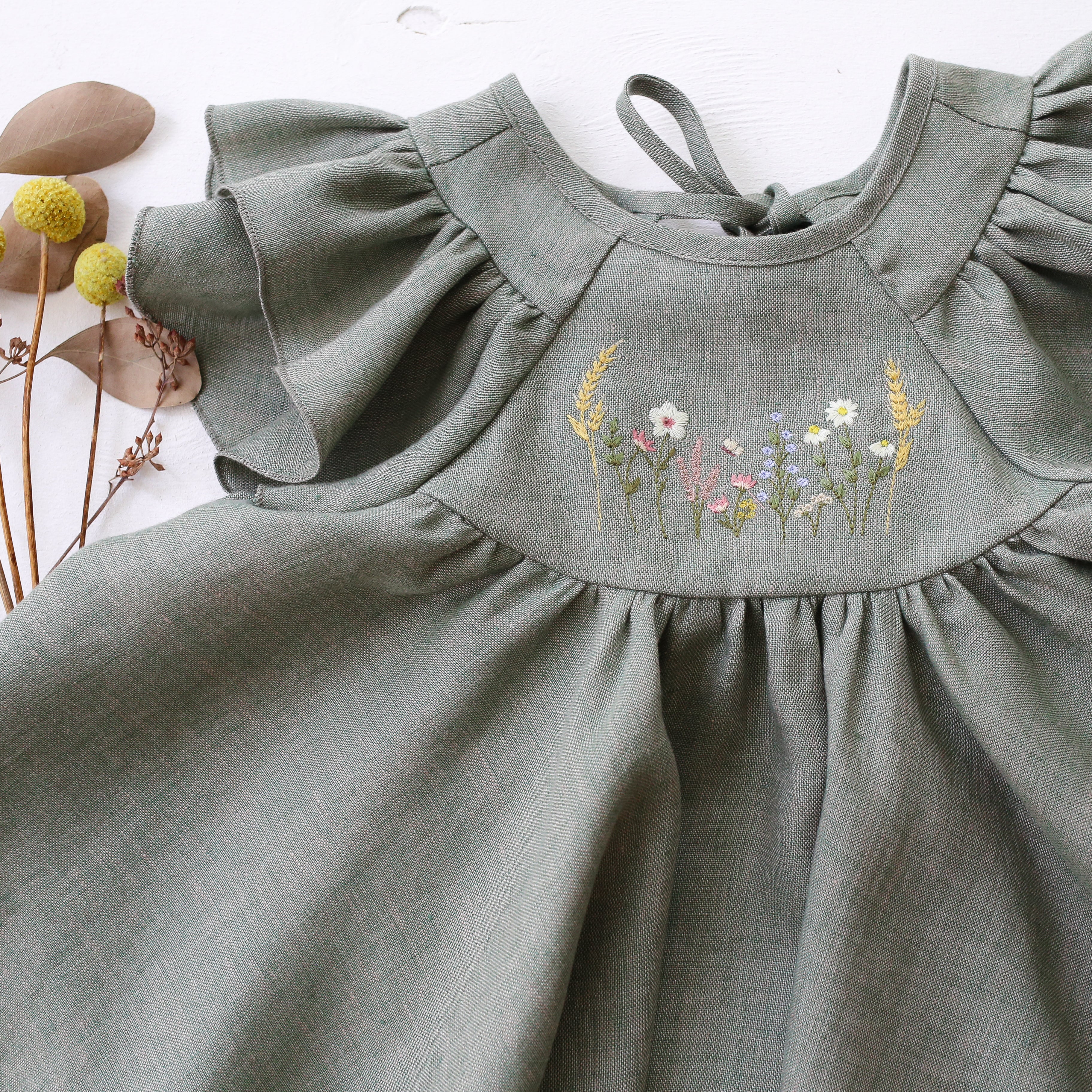 Green Smoke Linen Flutter Sleeve Tie Back Blouse with "Wheat Flower Field" Embroidery