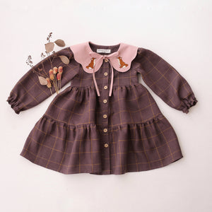 Plum Check Linen Long Sleeve Tiered Dress with Petal Collar in Powder Linen with "Little Fox" Embroidery