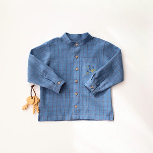 Woodland Sky Check Linen Long Sleeve Band Collar Shirt and "Mini Acorns" Embroidery
