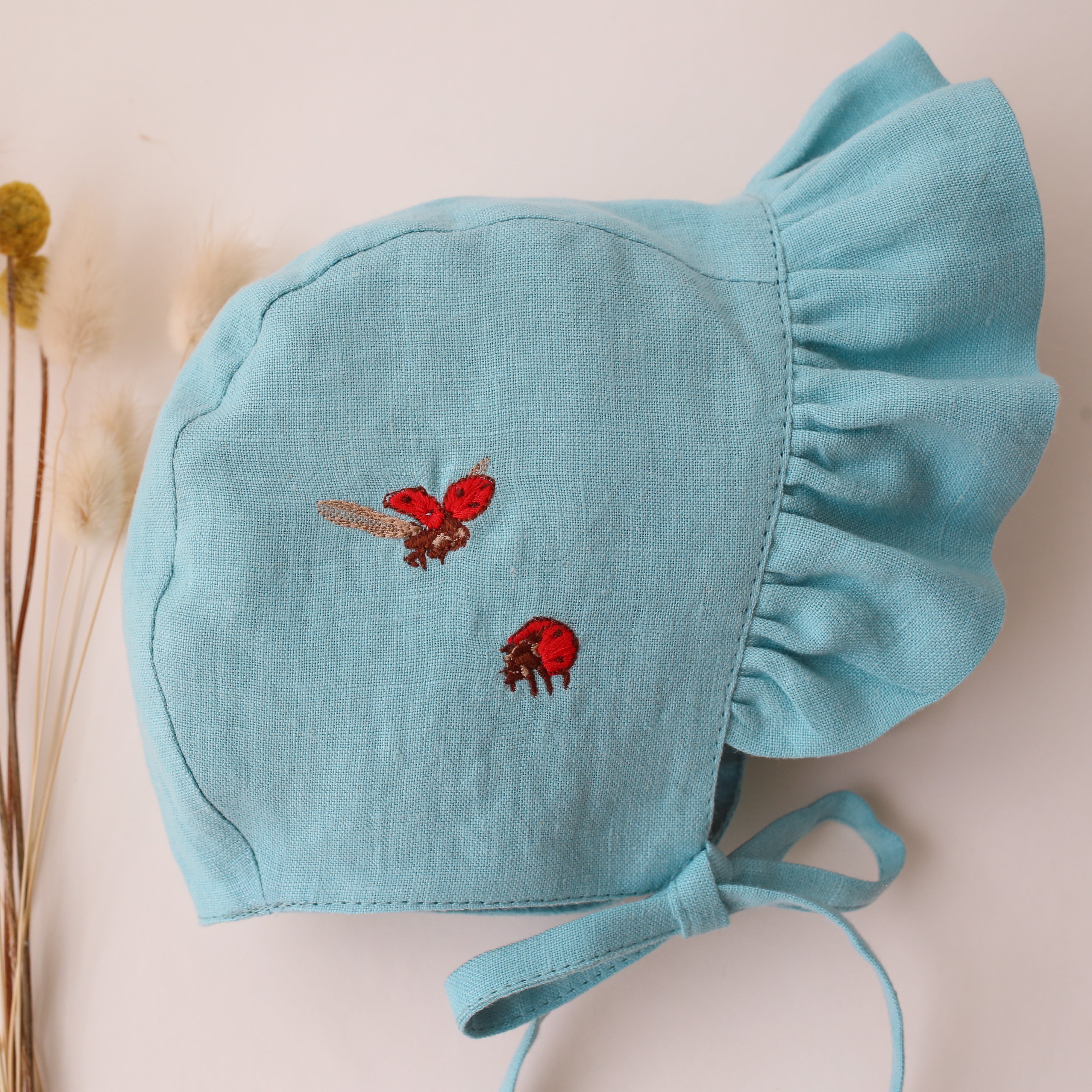 Duck Egg Blue Linen Ruffle Brimmed Bonnet with “Ladybugs” Embroidery