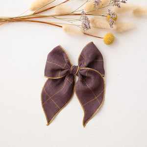 Whimsy Hair Bow in Plum Check Linen