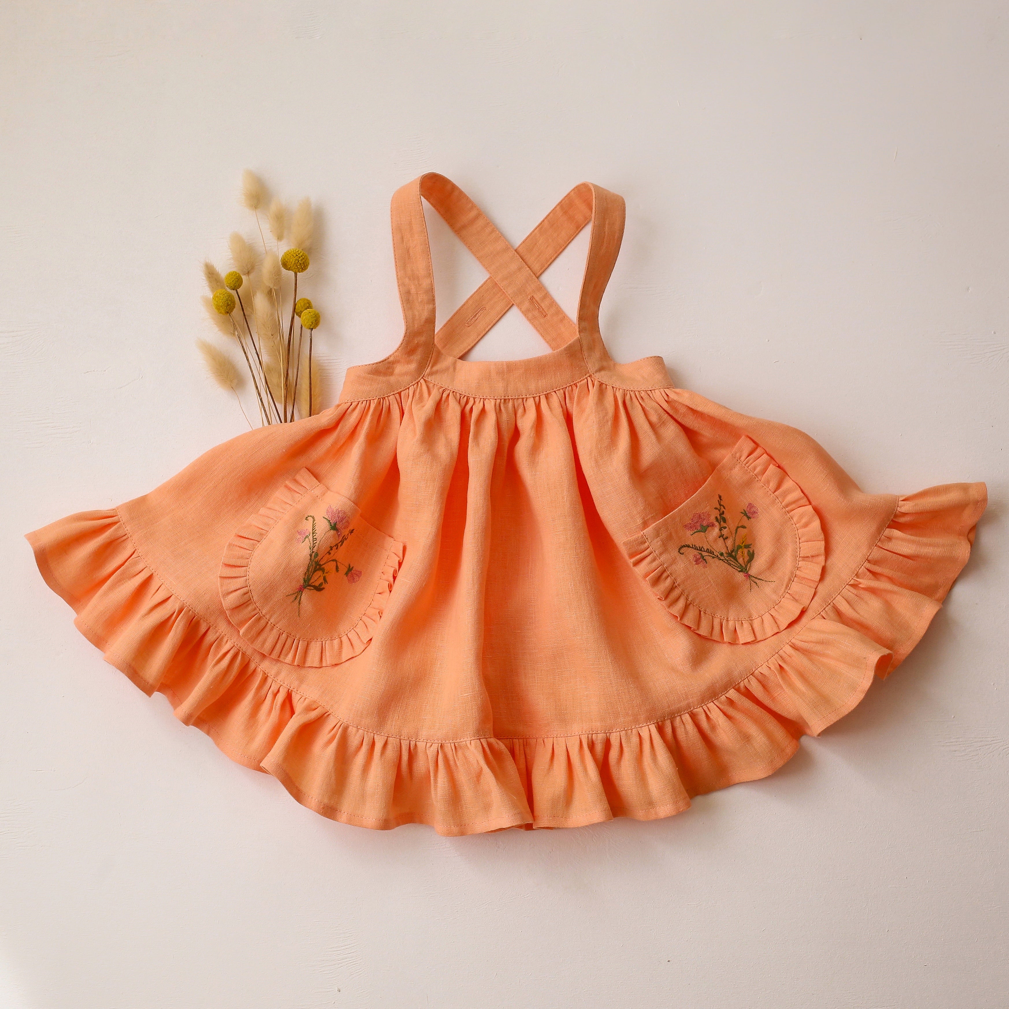 Peach Linen Straps Pinafore with Frills with “Bouquet #1” Embroidery