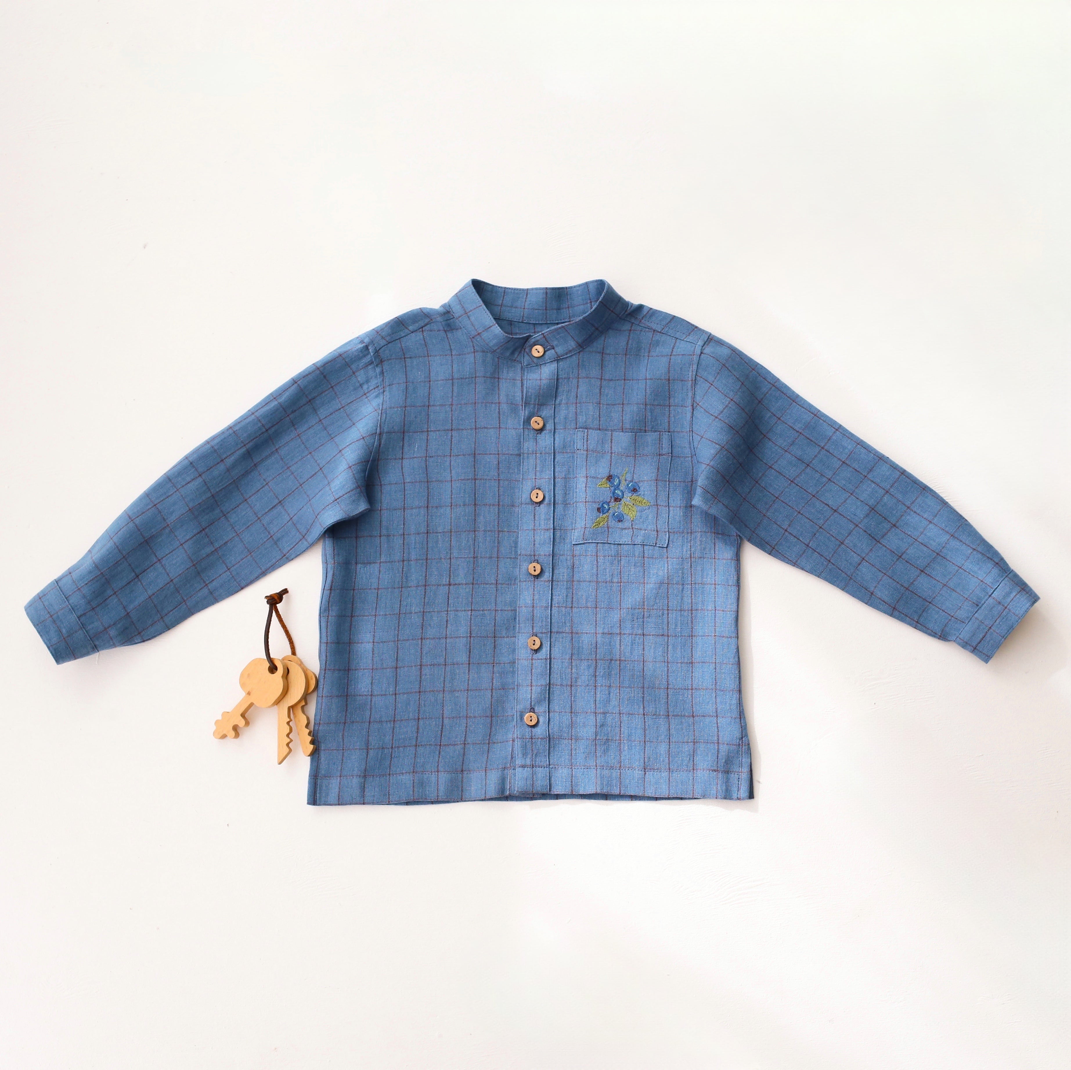 Woodland Sky Check Linen Long Sleeve Band Collar Shirt and "Mini Acorns" Embroidery