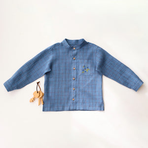 Woodland Sky Check Linen Long Sleeve Band Collar Shirt and "Mini Acorns" Embroidery