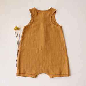 Mustard Linen Short Legs Tank Jumpsuit | “3 Bumblebees” Embroidery