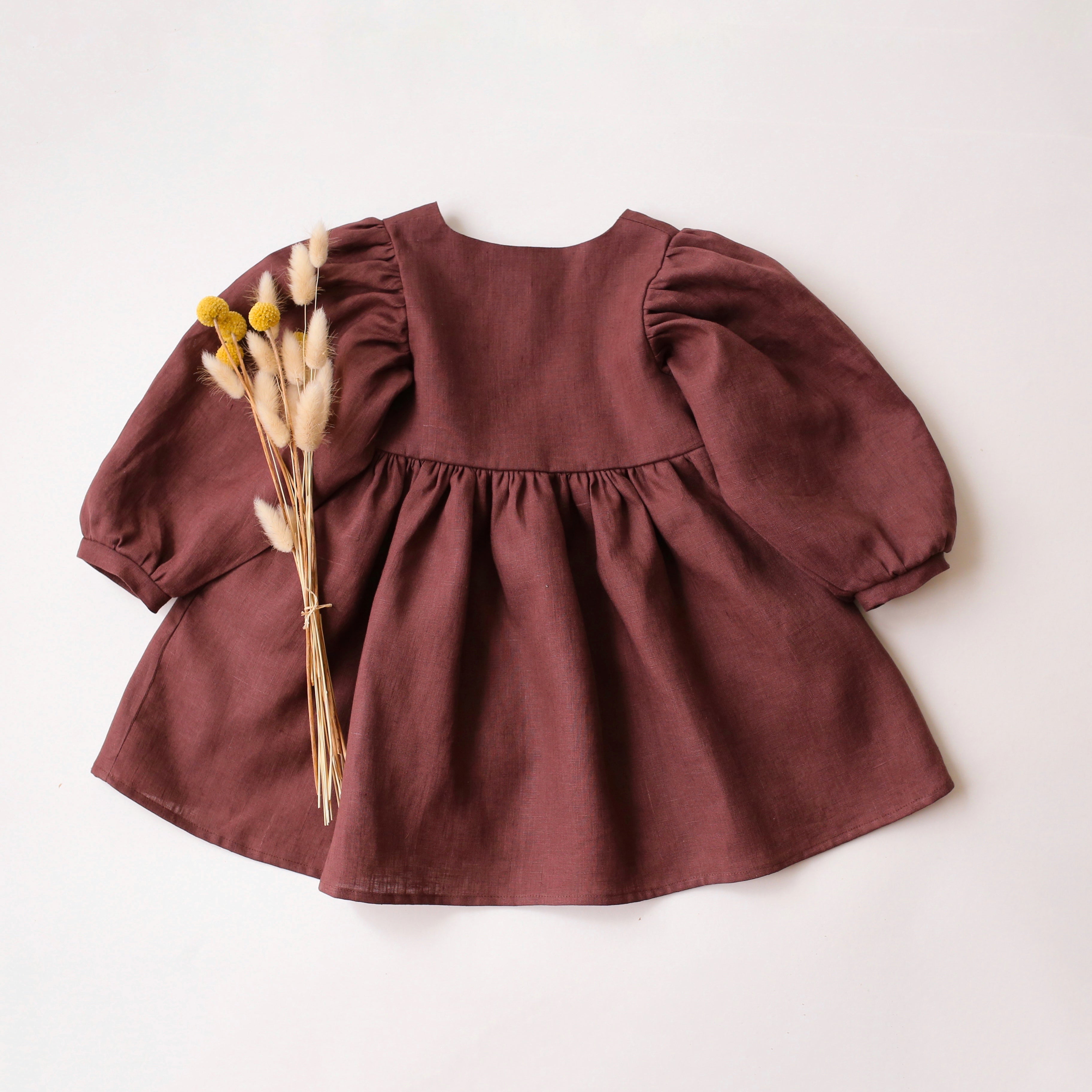Chocolate Plum Linen Long Sleeve Button Front Dress with V-Shaped Neckline