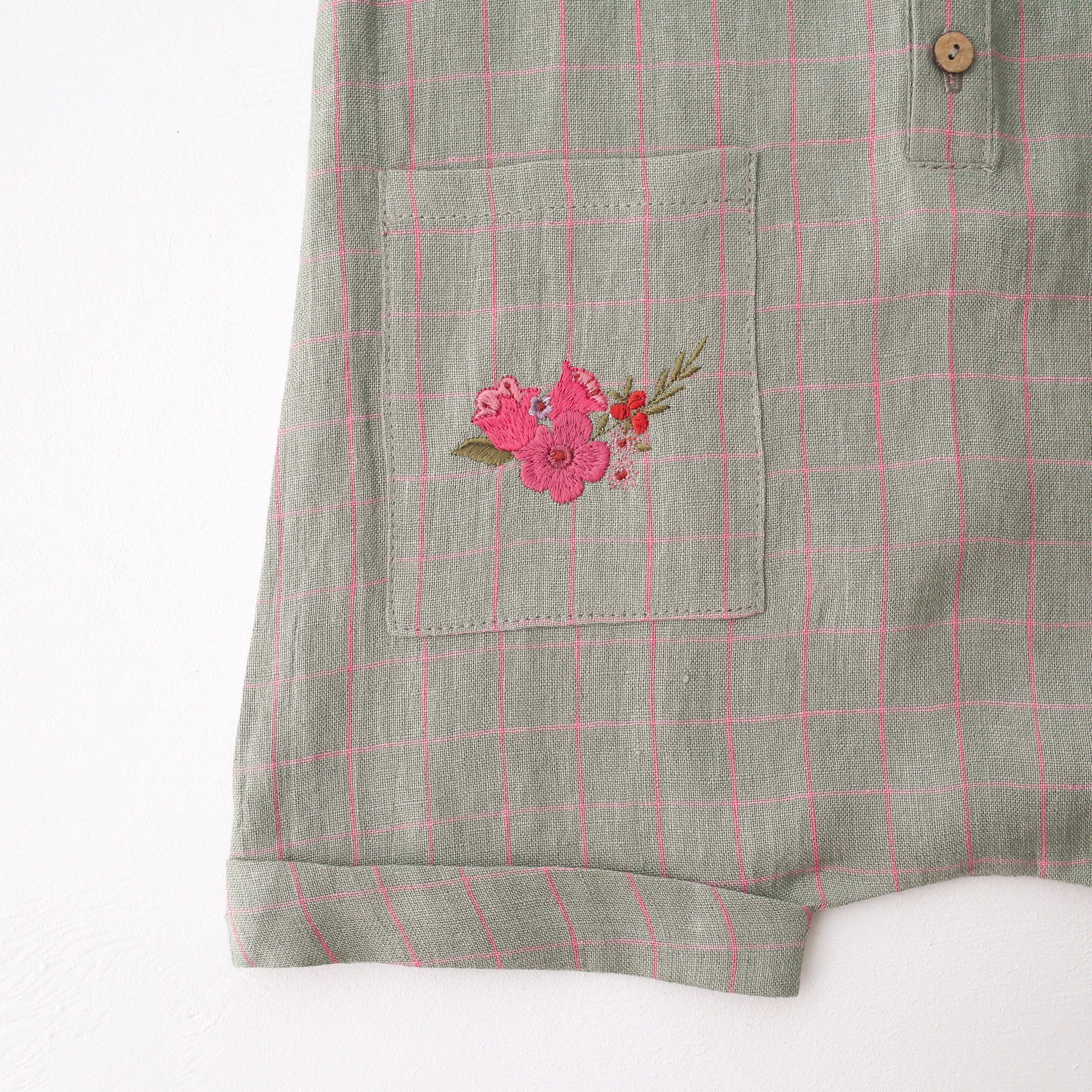 Mint & Pink Check Linen Short Legs Tank Jumpsuit with “Mini Flowers” Embroidery