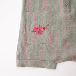 Mint & Pink Check Linen Short Legs Tank Jumpsuit with “Mini Flowers” Embroidery