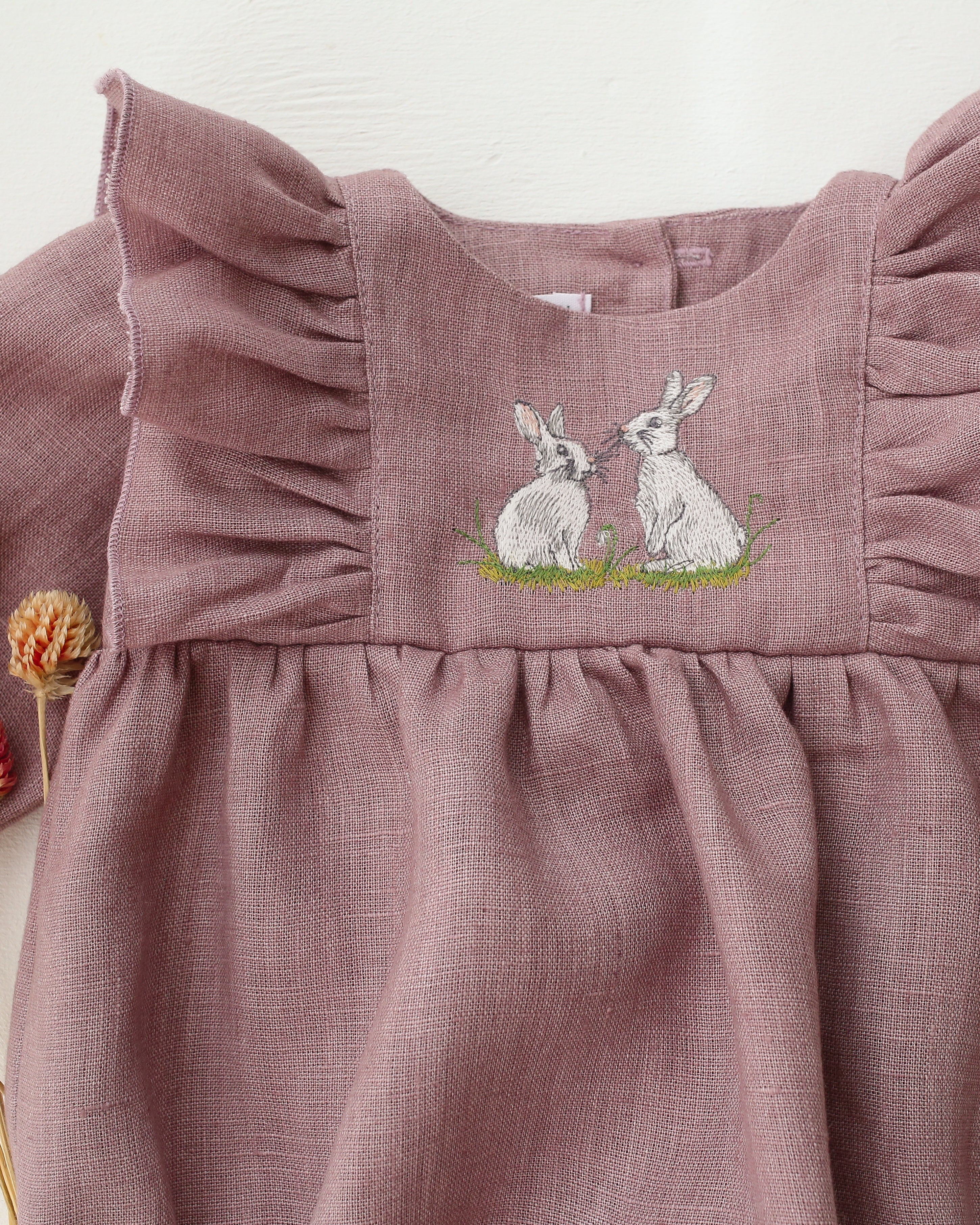Pale Lilac Linen Long Sleeve Ruffle Bubble Playsuit with "White Bunnies" Embroidery