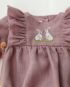 Pale Lilac Linen Long Sleeve Ruffle Bubble Playsuit with "White Bunnies" Embroidery