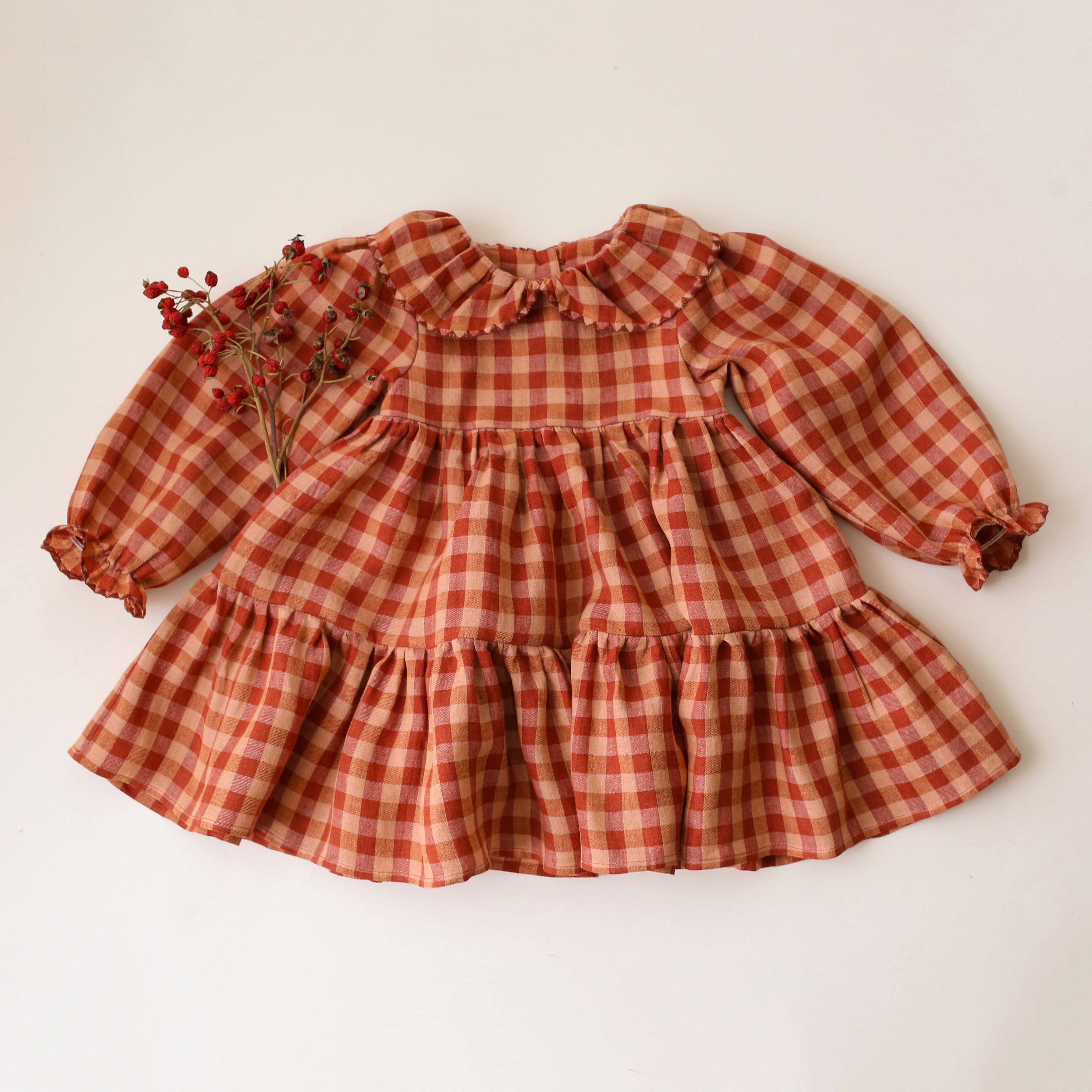 Butternut Check Linen Long Sleeve Peter Pan Collar Tiered Dress