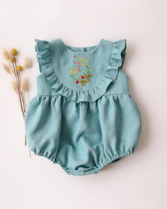 Duck Egg Blue Linen Ruffled Bodice Bubble Playsuit with “Berries” Embroidery