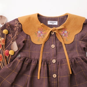 Plum Check Linen Long Sleeve Tiered Dress with Petal Collar in Mustard Linen with "Wild Meadow Bouquet" Embroidery
