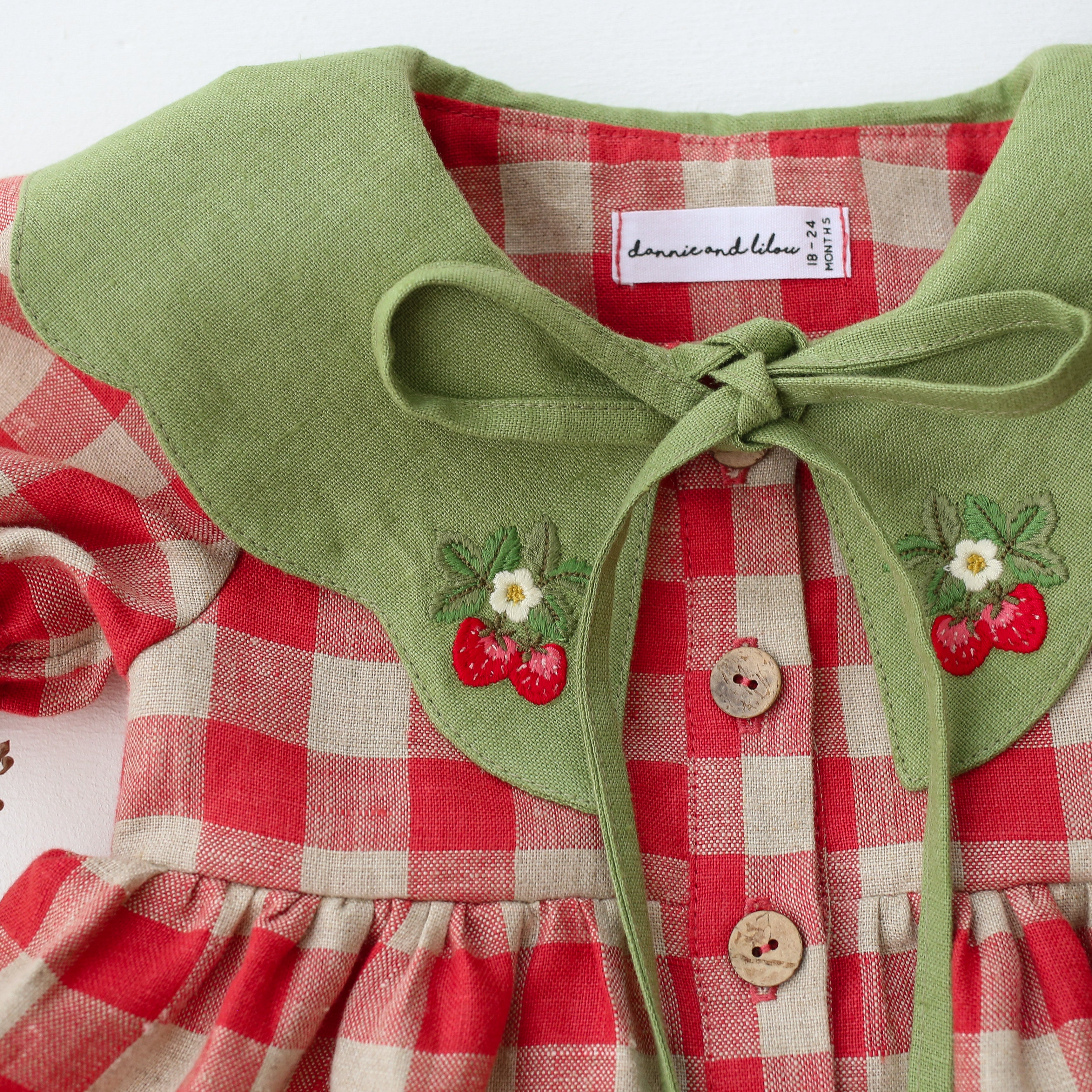Cherry Check Linen Short Sleeve Tiered Dress with Scalloped Collar in Meadow Green Linen with "Strawberry" Embroidery