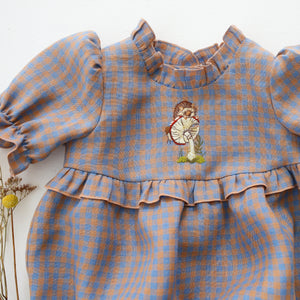 Blue & Peach Gingham Linen Short Sleeve Frills Bubble Playsuit with "Hedgehog on Toadstool" Embroidery