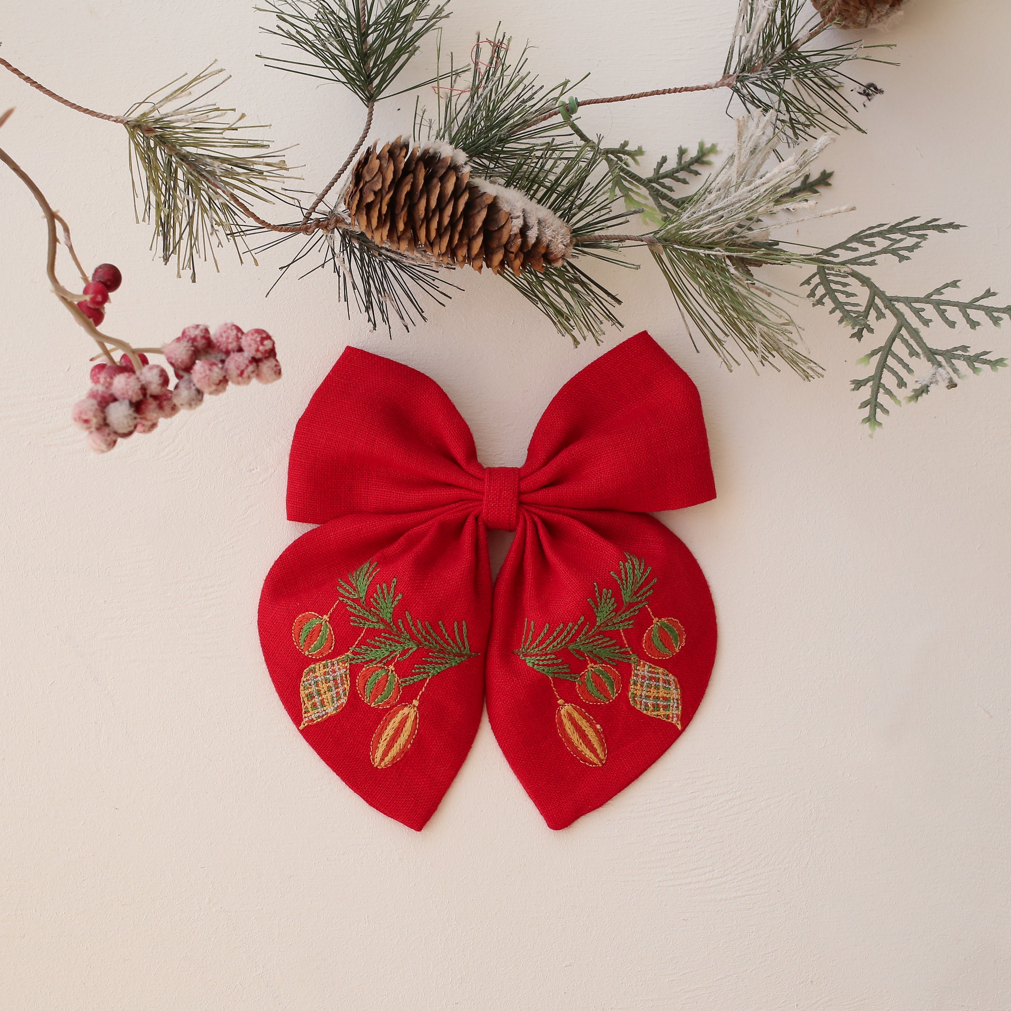 Embroidered Hair Bow with "Christmas Baubles" Embroidery in Scarlet Red Linen