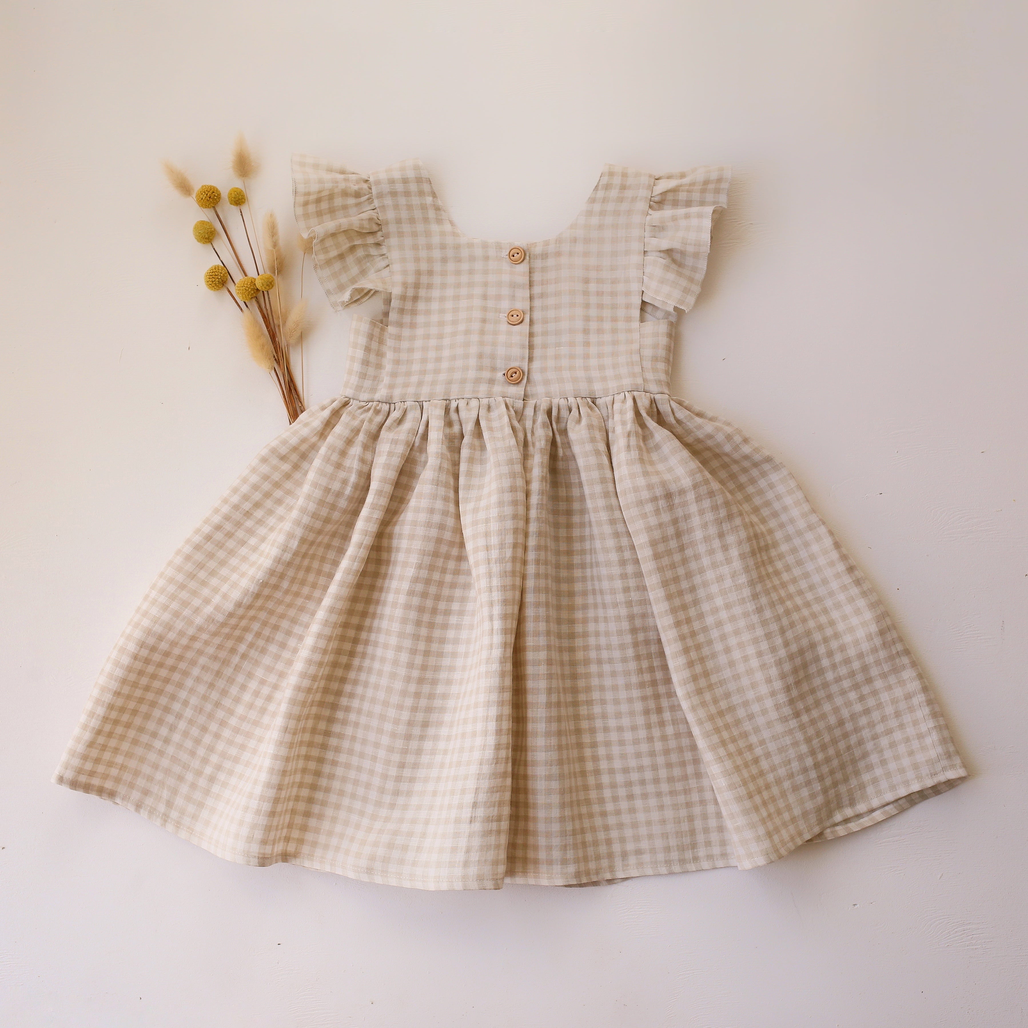 Beige Gingham Linen Flutter Sleeve Square Neckline Dress with "Poppy Meadow" Embroidery