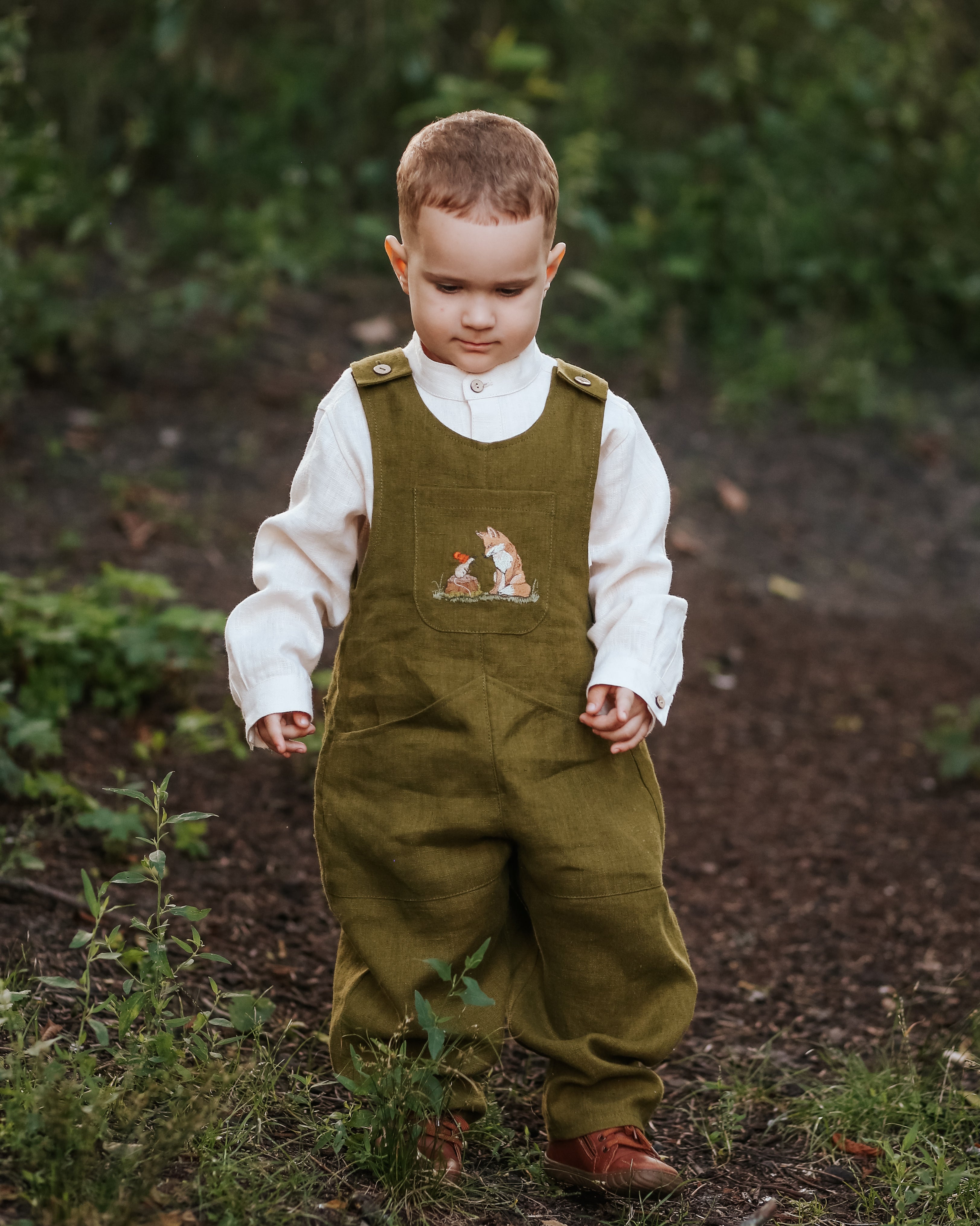 Pine Linen Front Pockets Overalls with "Mouse & Fox" Embroidery