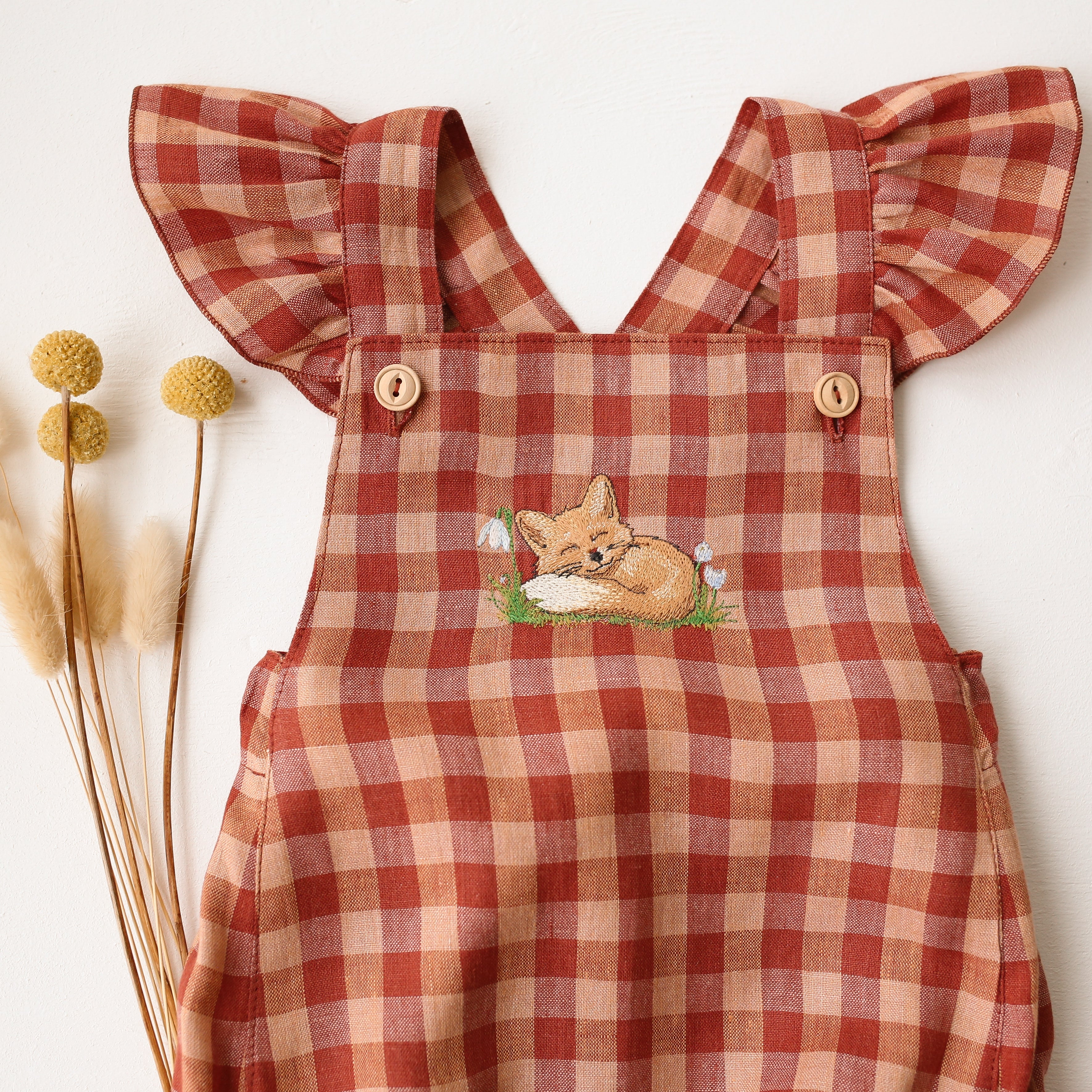 Butternut Check Linen Flutter Straps Romper with “Fox with Snowdrops” Embroidery