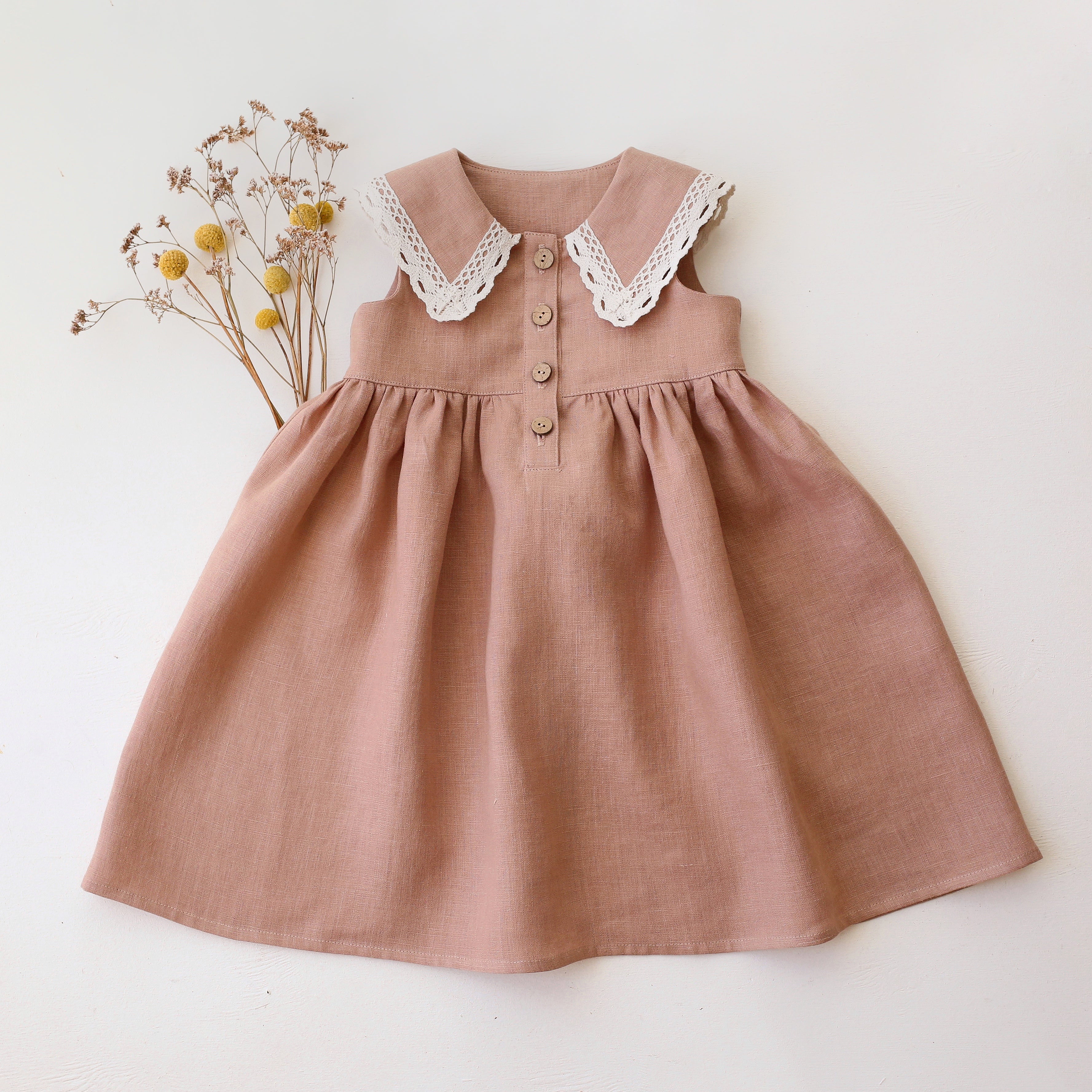 Clay Linen Pointed Collar Dress with Lace