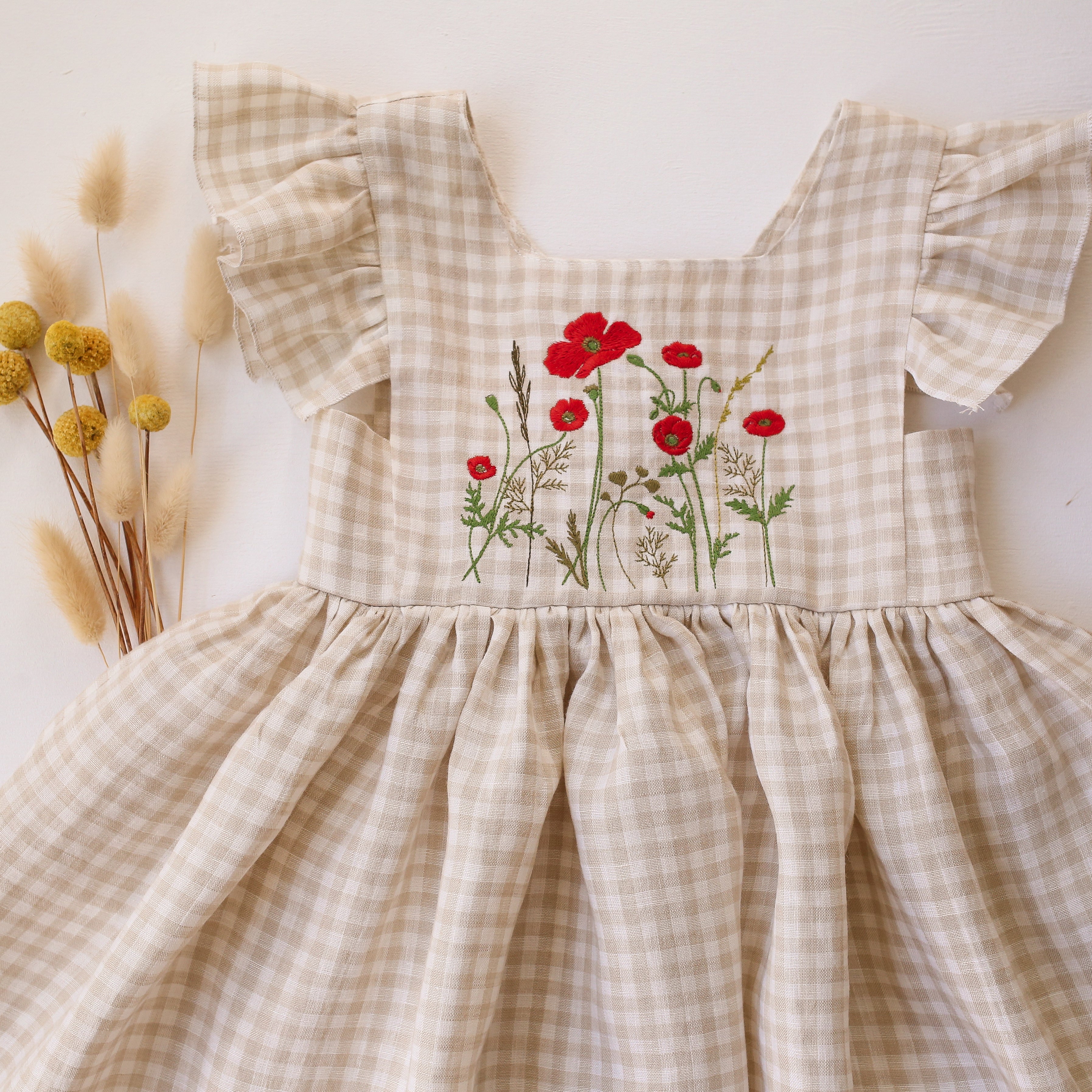 Beige Gingham Linen Flutter Sleeve Square Neckline Dress with "Poppy Meadow" Embroidery