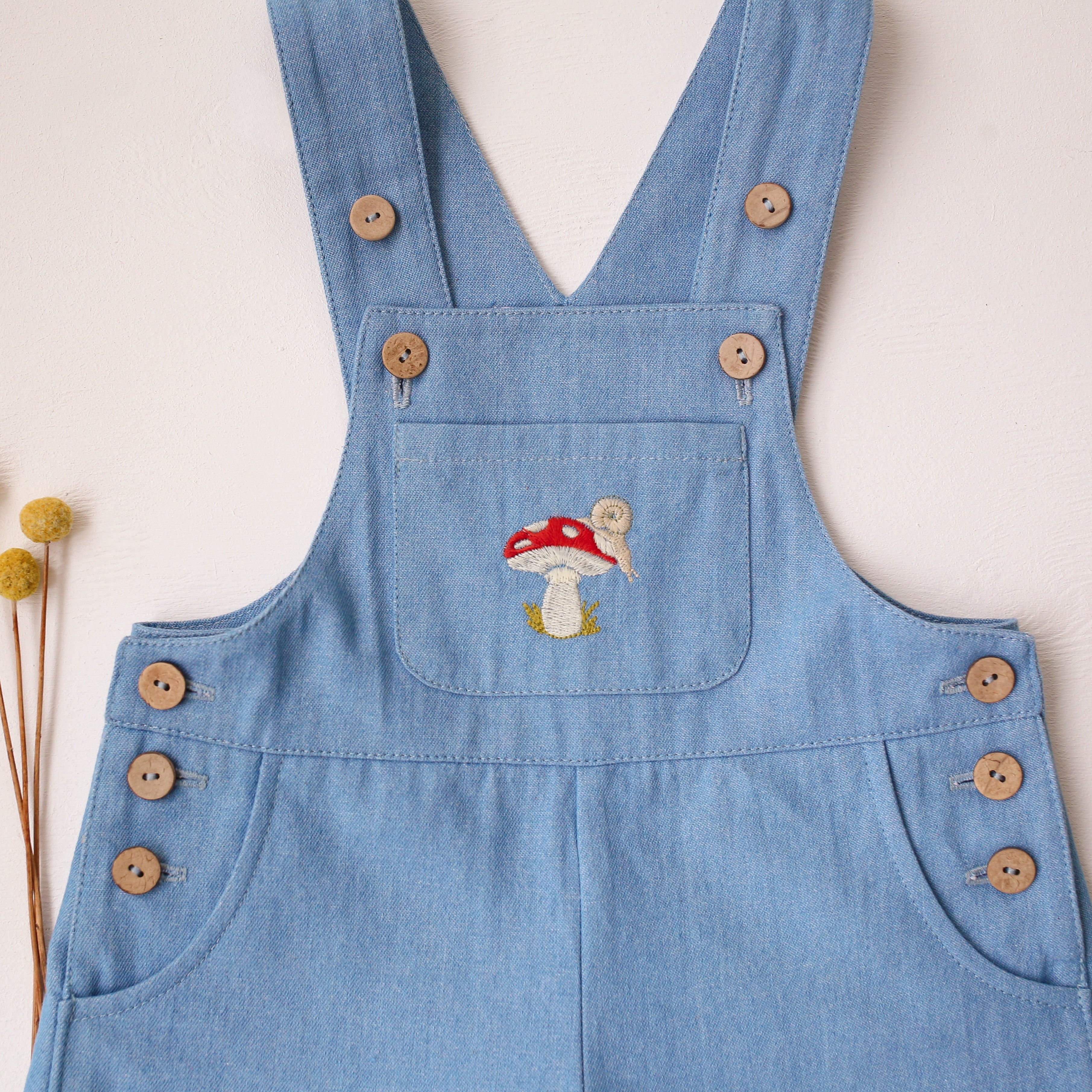 Light Denim Button Cuffed Overalls with "Toadstool with Snail" Embroidery