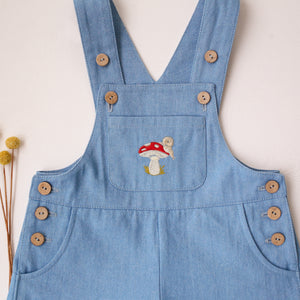 Light Denim Button Cuffed Overalls with "Toadstool with Snail" Embroidery