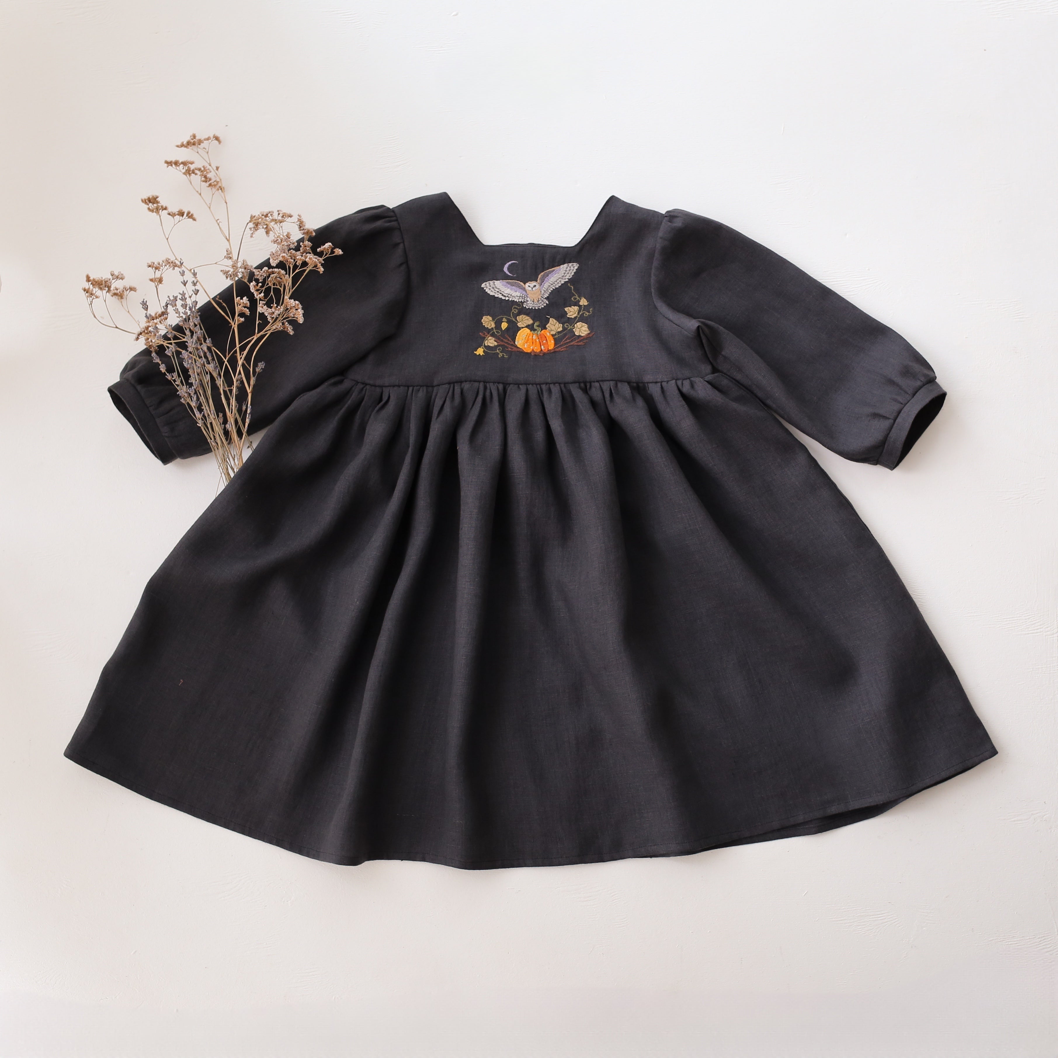 Black Linen 3/4 Length Sleeve Square Neckline Dress with "Halloween Owl” Embroidery