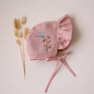 Powder Linen Ruffle Brimmed Bonnet with “Dragonfly in Flowers” Embroidery