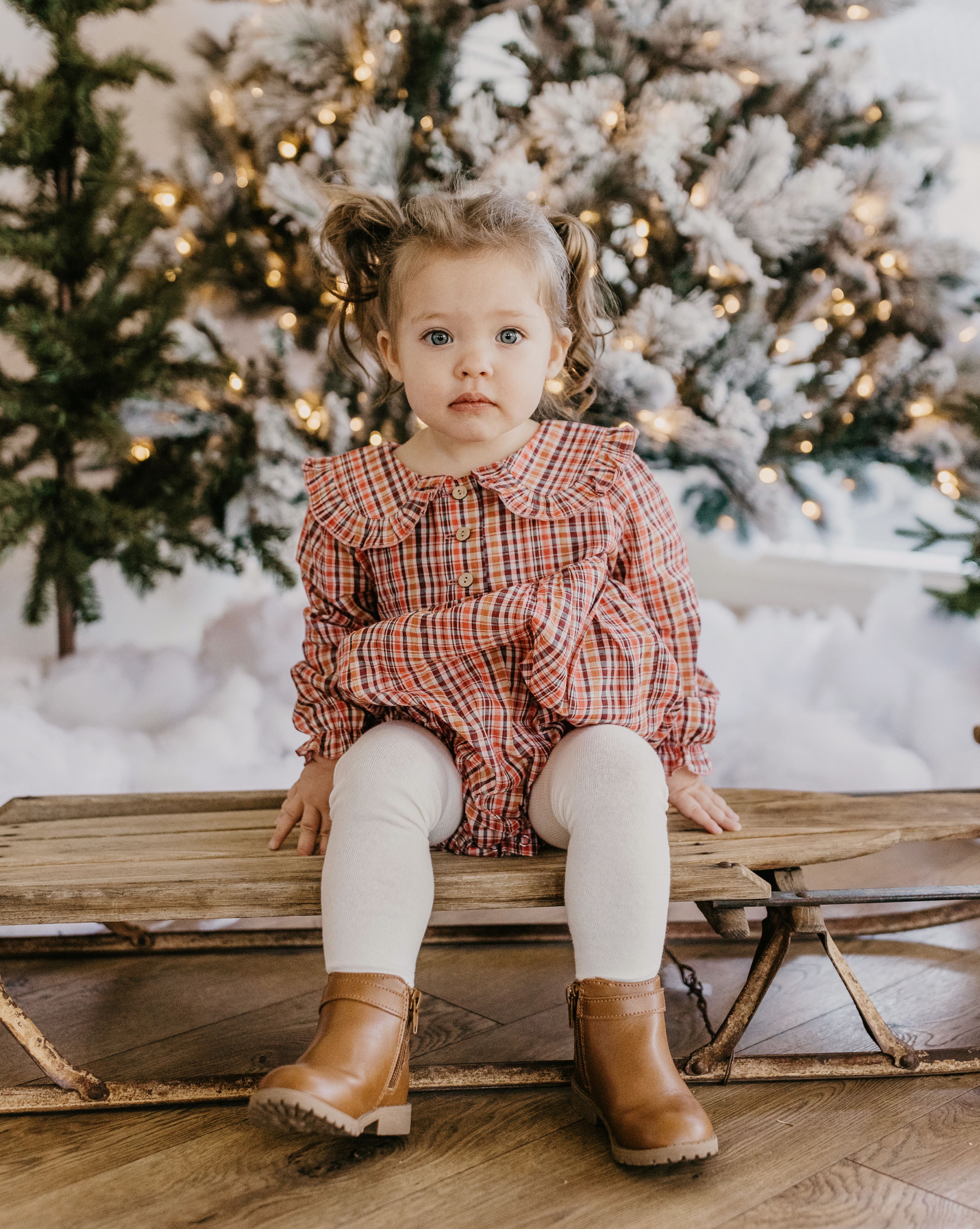 Holiday Check Cotton Long Sleeve Frilled Collar Bubble Playsuit with Curved Waistline