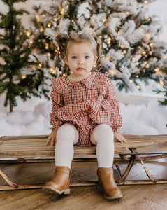 Holiday Check Cotton Long Sleeve Frilled Collar Bubble Playsuit with Curved Waistline