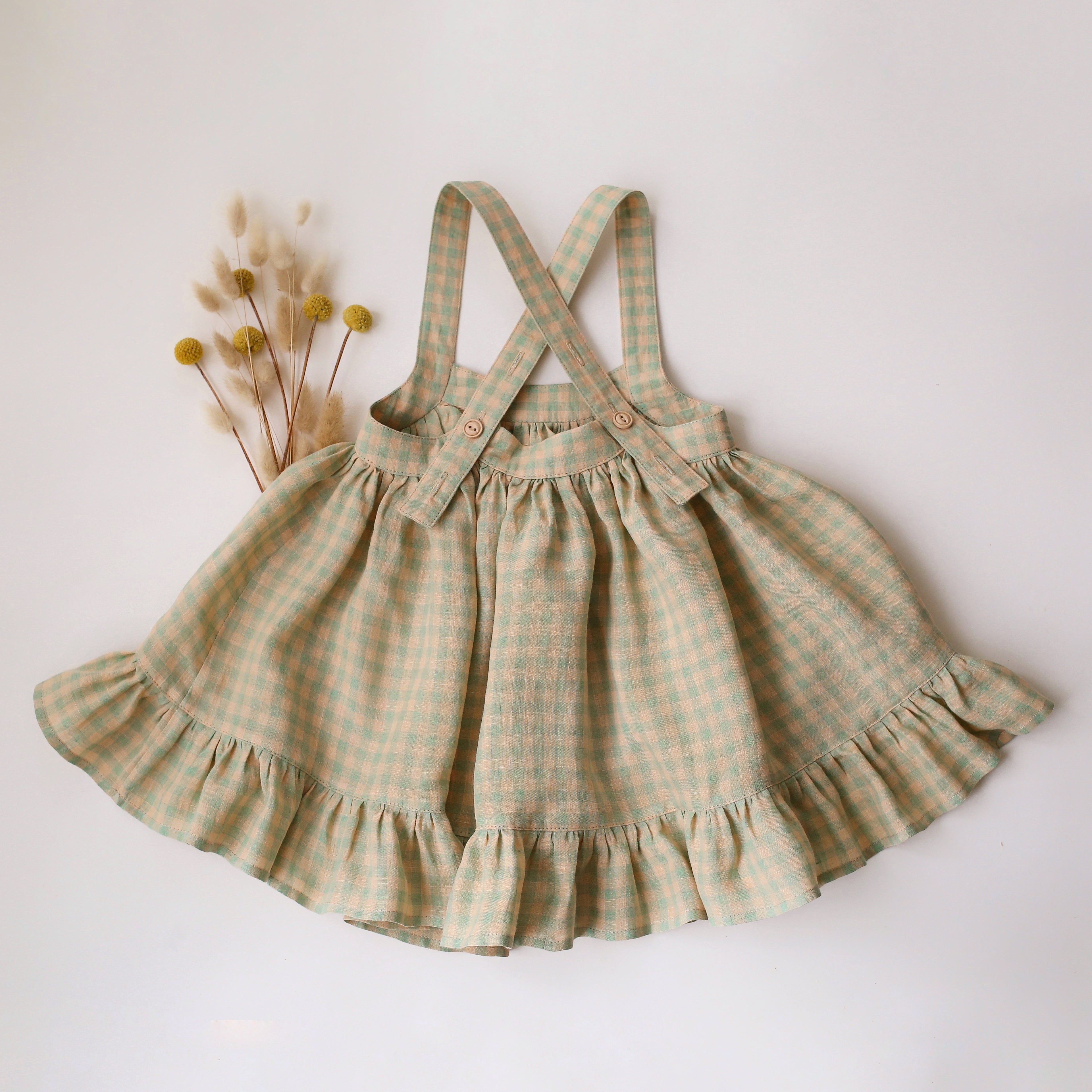 Green Gingham Linen Straps Pinafore with Lace