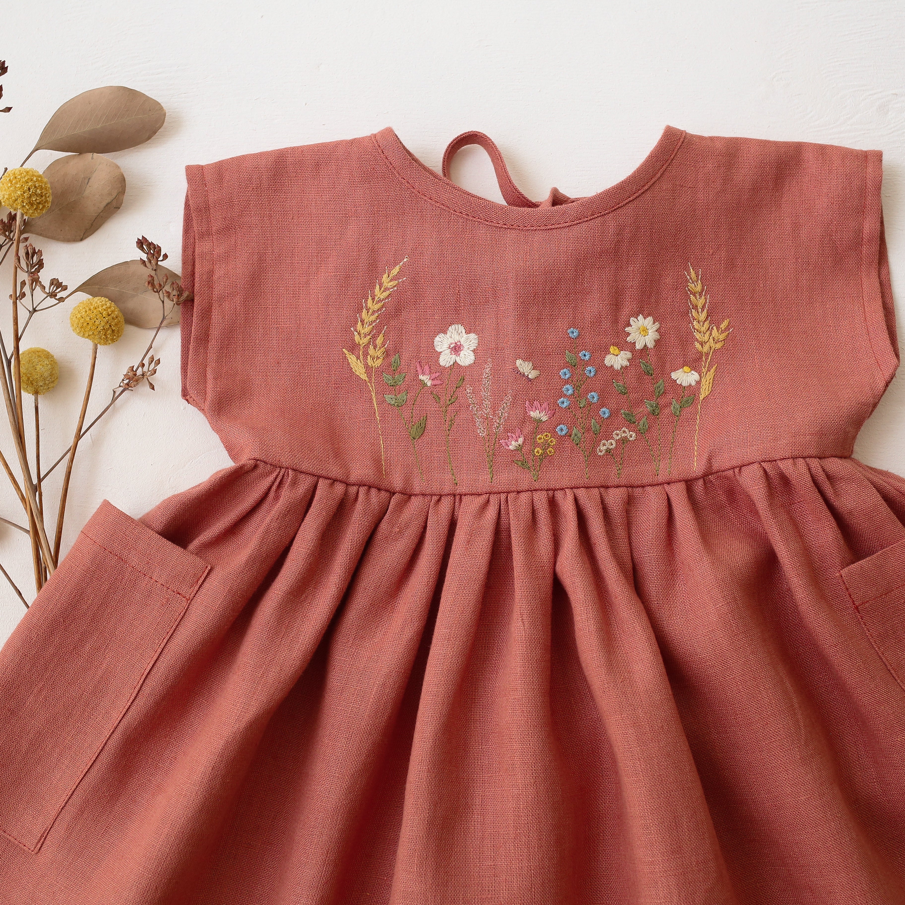 Rose Bouquet Linen Dolman Style Dress with “Wheat Flower Field” Embroidery