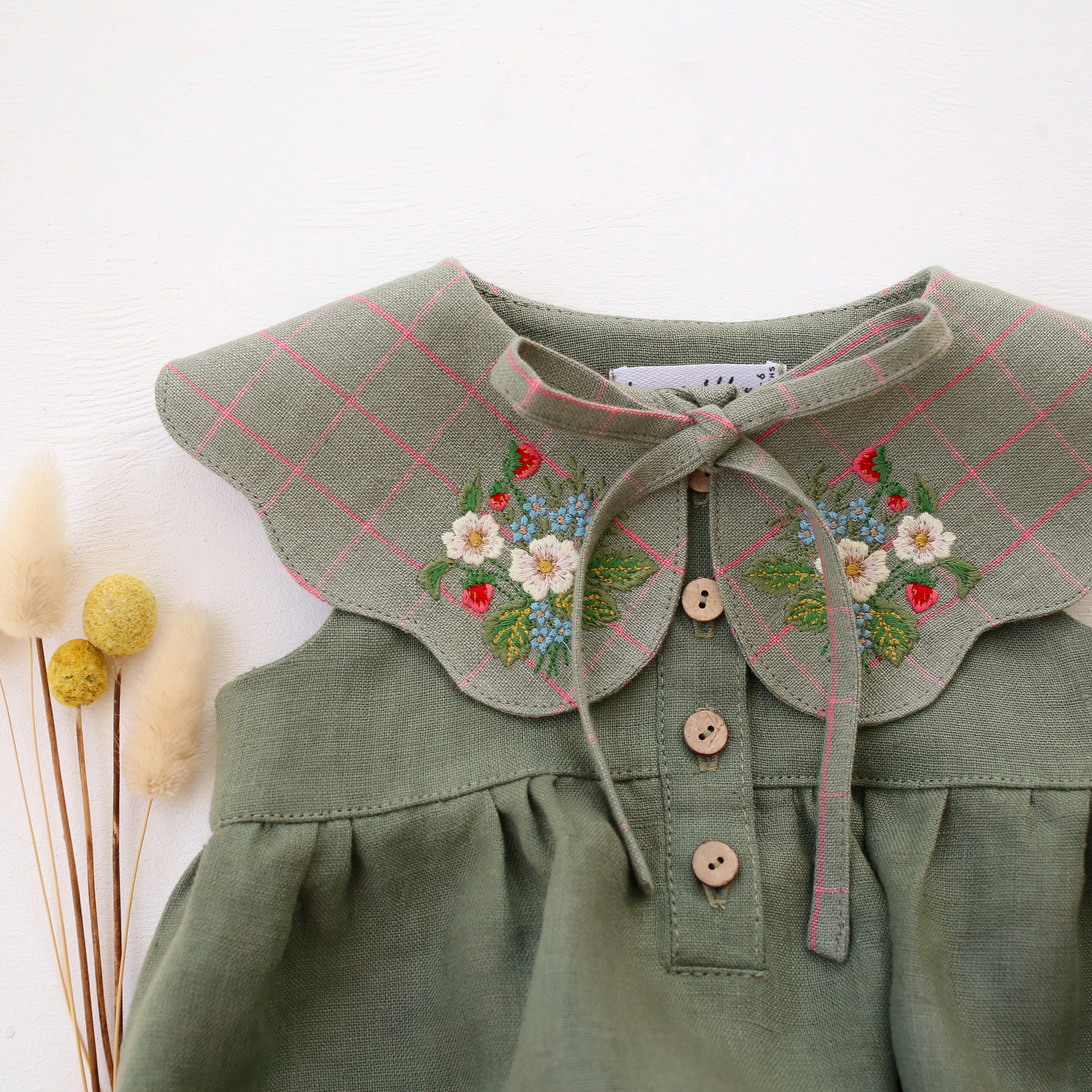 Olive Linen Bubble Playsuit with Petal Collar in Mint & Pink Check Linen with "Strawberry Bouquet" Embroidery