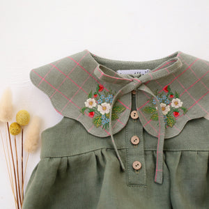 Olive Linen Bubble Playsuit with Petal Collar in Mint & Pink Check Linen with "Strawberry Bouquet" Embroidery
