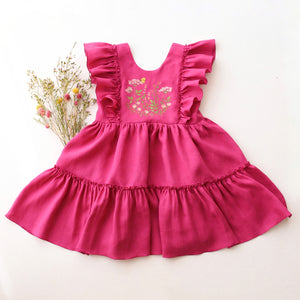 Raspberry Linen Ruffled Front Tiered Dress with “Wildflowers with Butterfly“ Embroidery