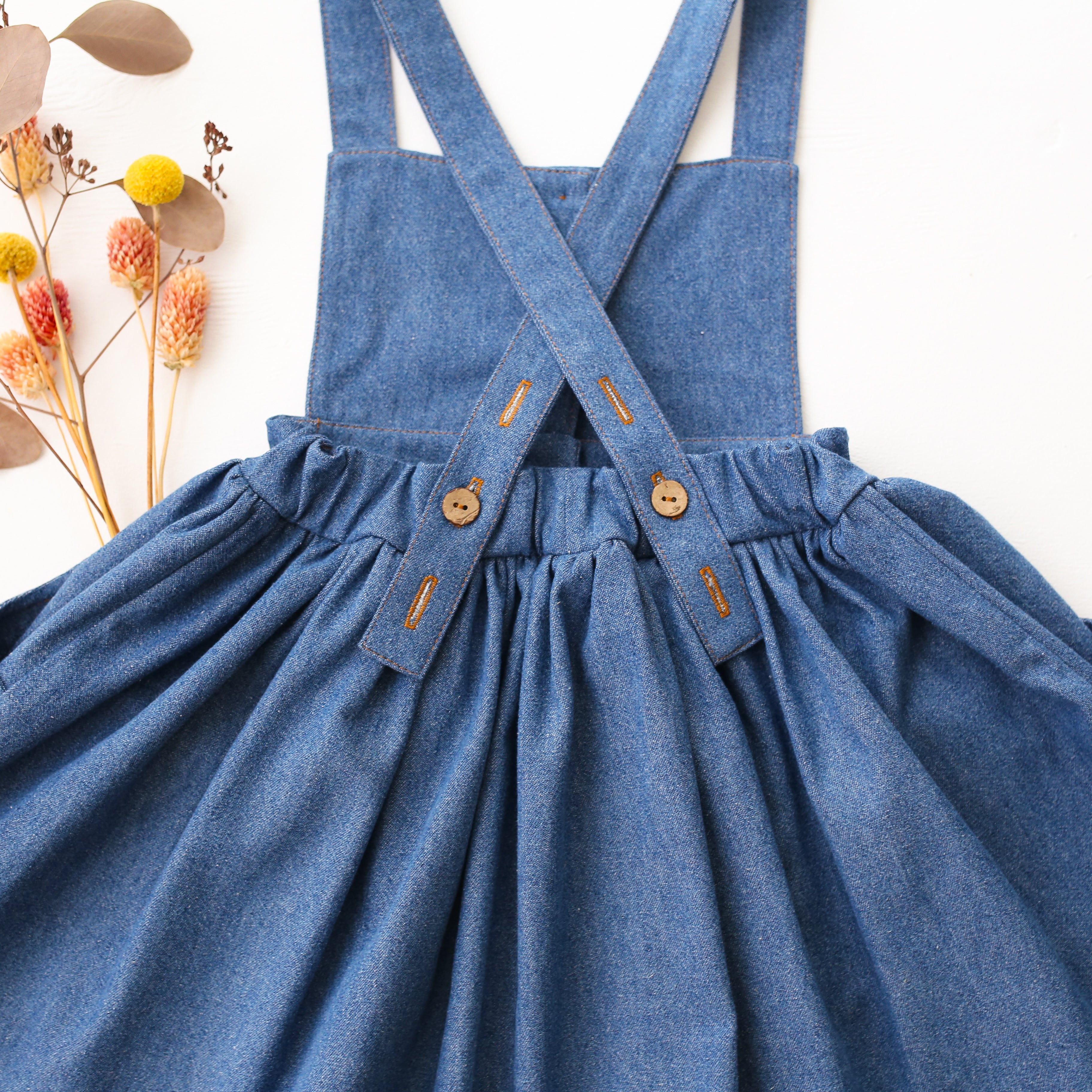 Dark Blue Denim Buttoned Pinafore Skirt with “Berry Branch” Embroidery