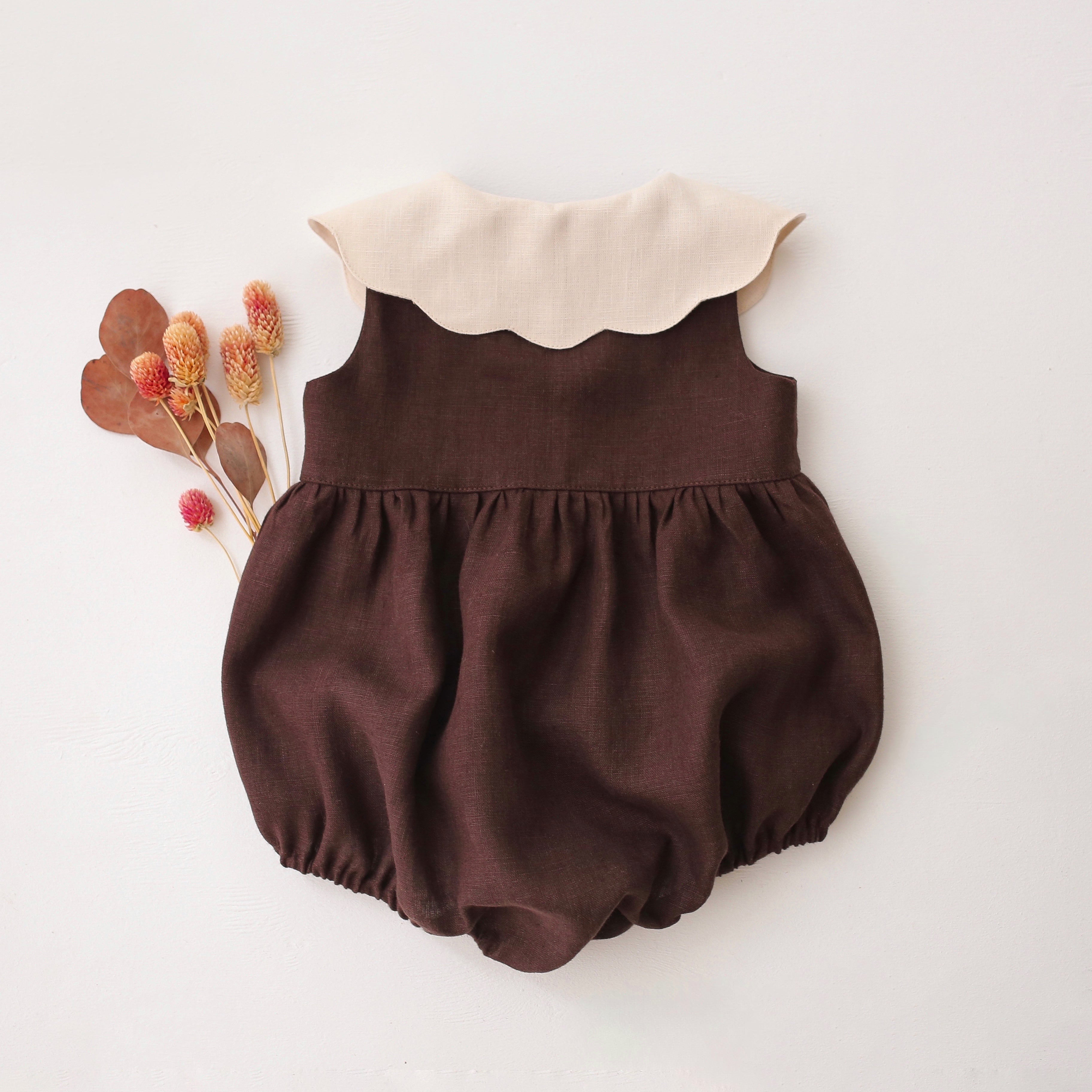 Dark Brown Linen Bubble Playsuit with Petal Collar in Ivory Linen with "Meadow Posy" Embroidery