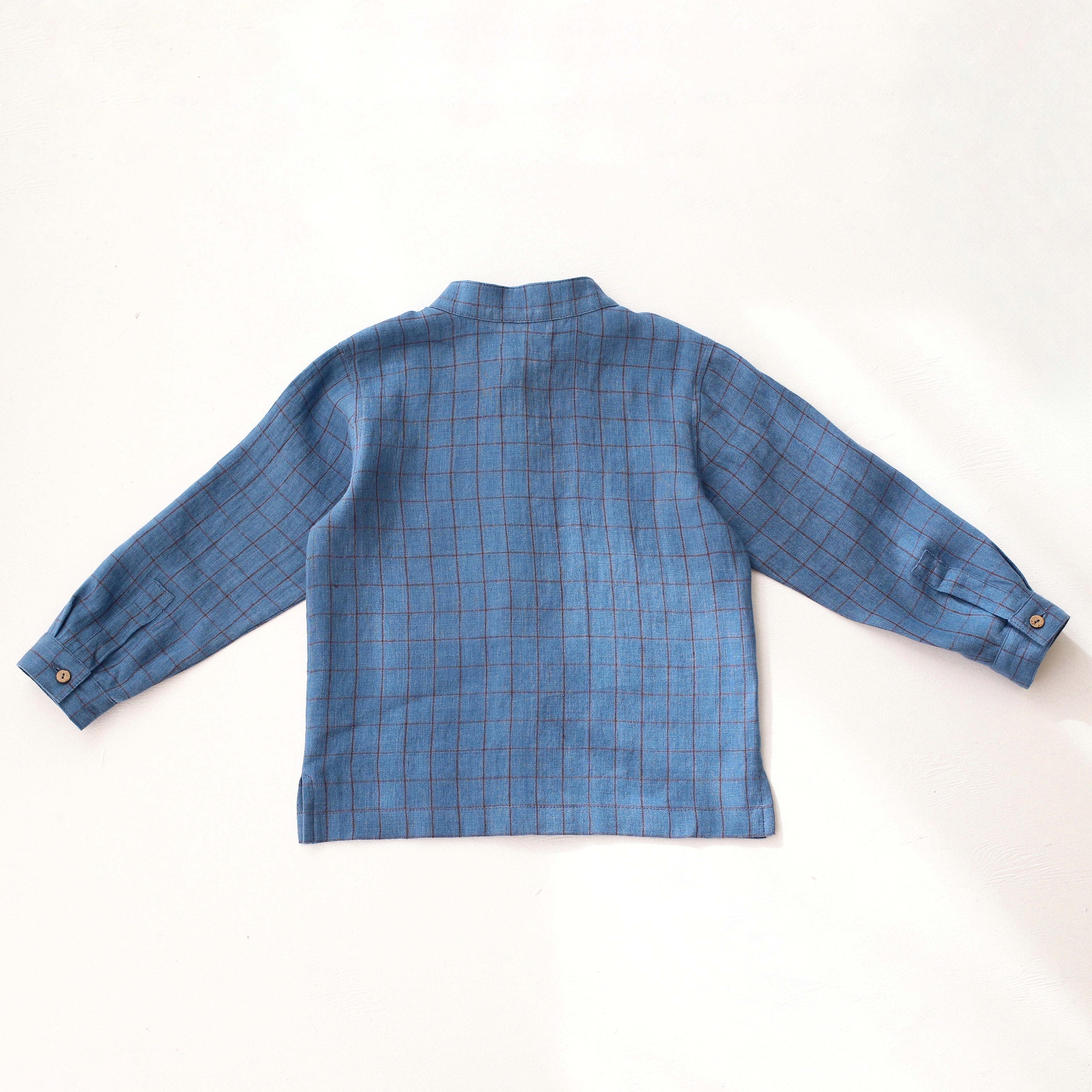 Woodland Sky Check Linen Long Sleeve Band Collar Shirt and "Mini Acorns" Embroidery