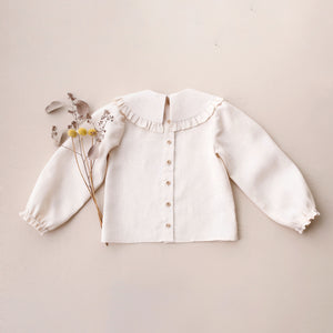 Woodland Sky Check Linen Long Sleeve Frilled Collar Blouse with "Blueberry" Embroidery